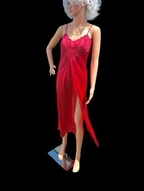 Victoria's Secret Red Liquid Satin Lace Slip Dress High Slit Xs Heart Vtg